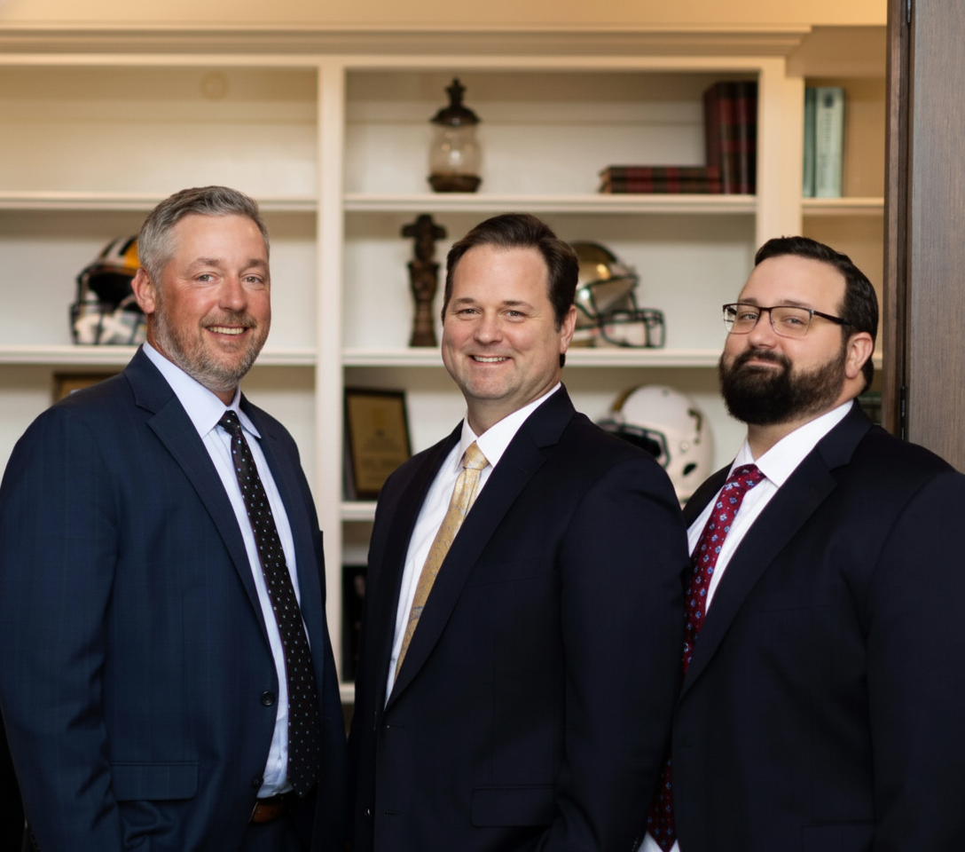 Three professionally dressed men standing together indoors, all wearing suits and smiling, with a bookshelf and decorative items in the background.
