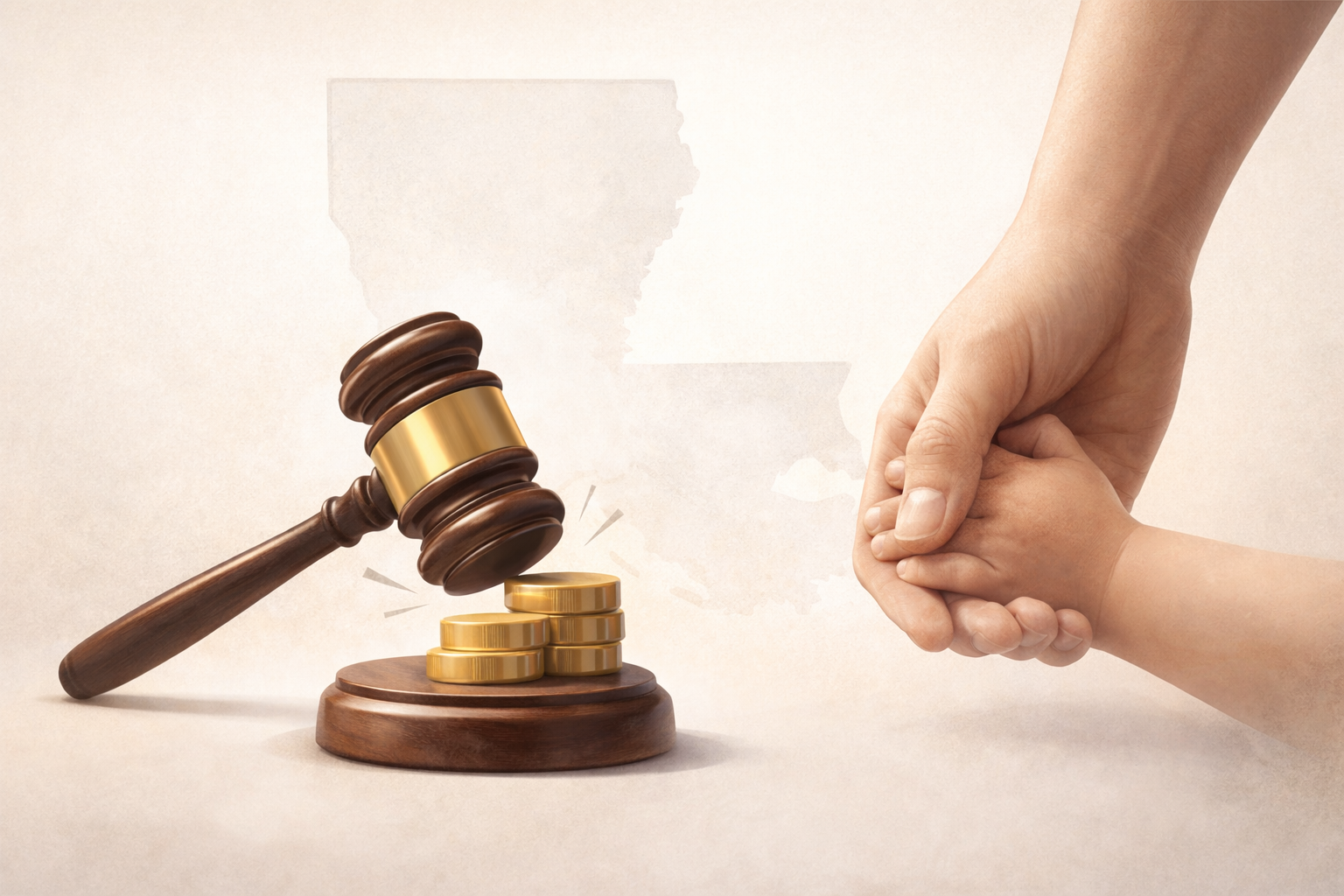 Semi-realistic illustration of a judge’s gavel striking gold coins beside an adult holding a child’s hand, with a faint Louisiana outline in the background