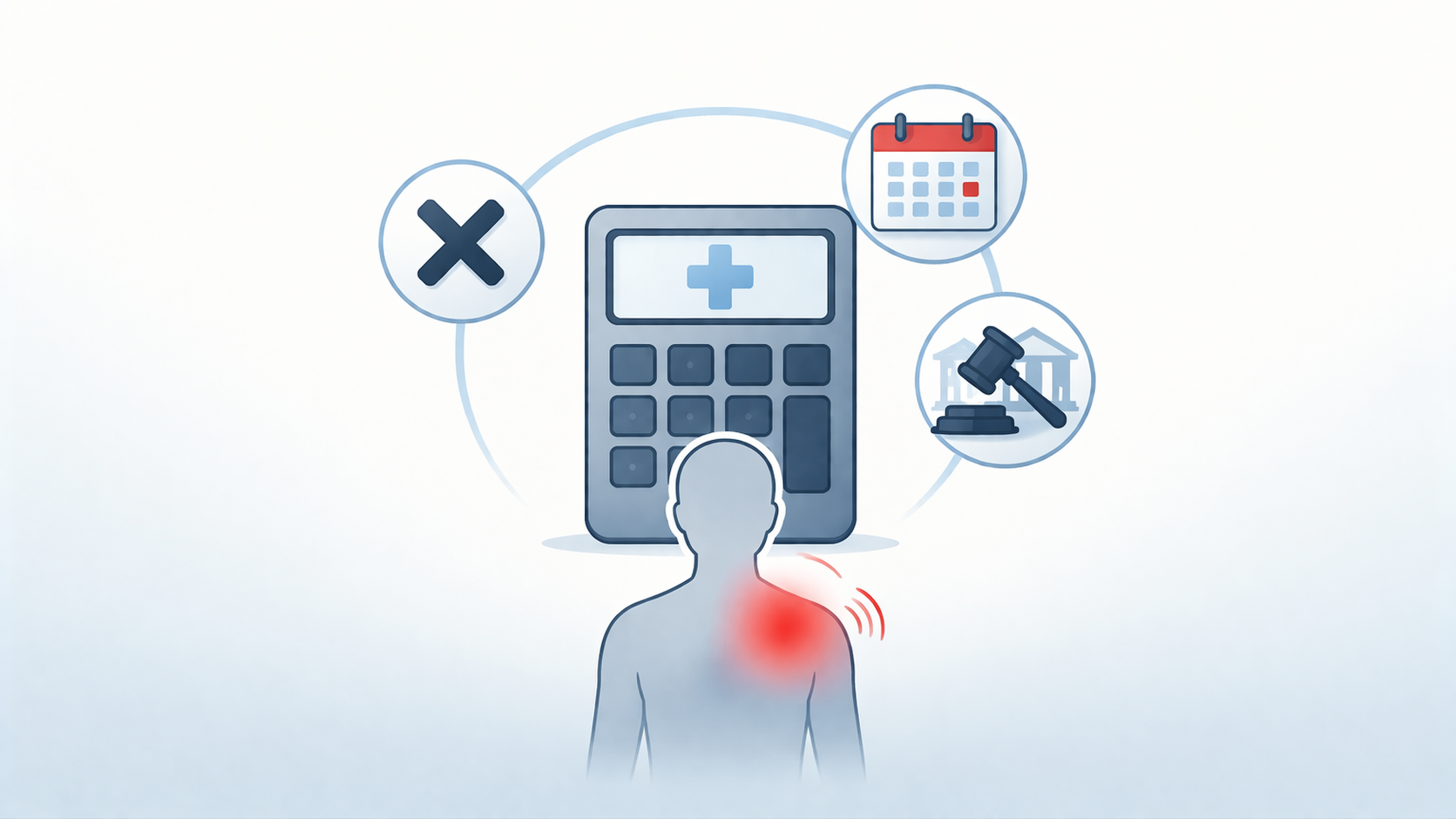 Illustration of an injured person with shoulder pain in front of a calculator, with icons representing legal process, court, and timeline—symbolizing calculation of pain and suffering damages in a personal injury case.