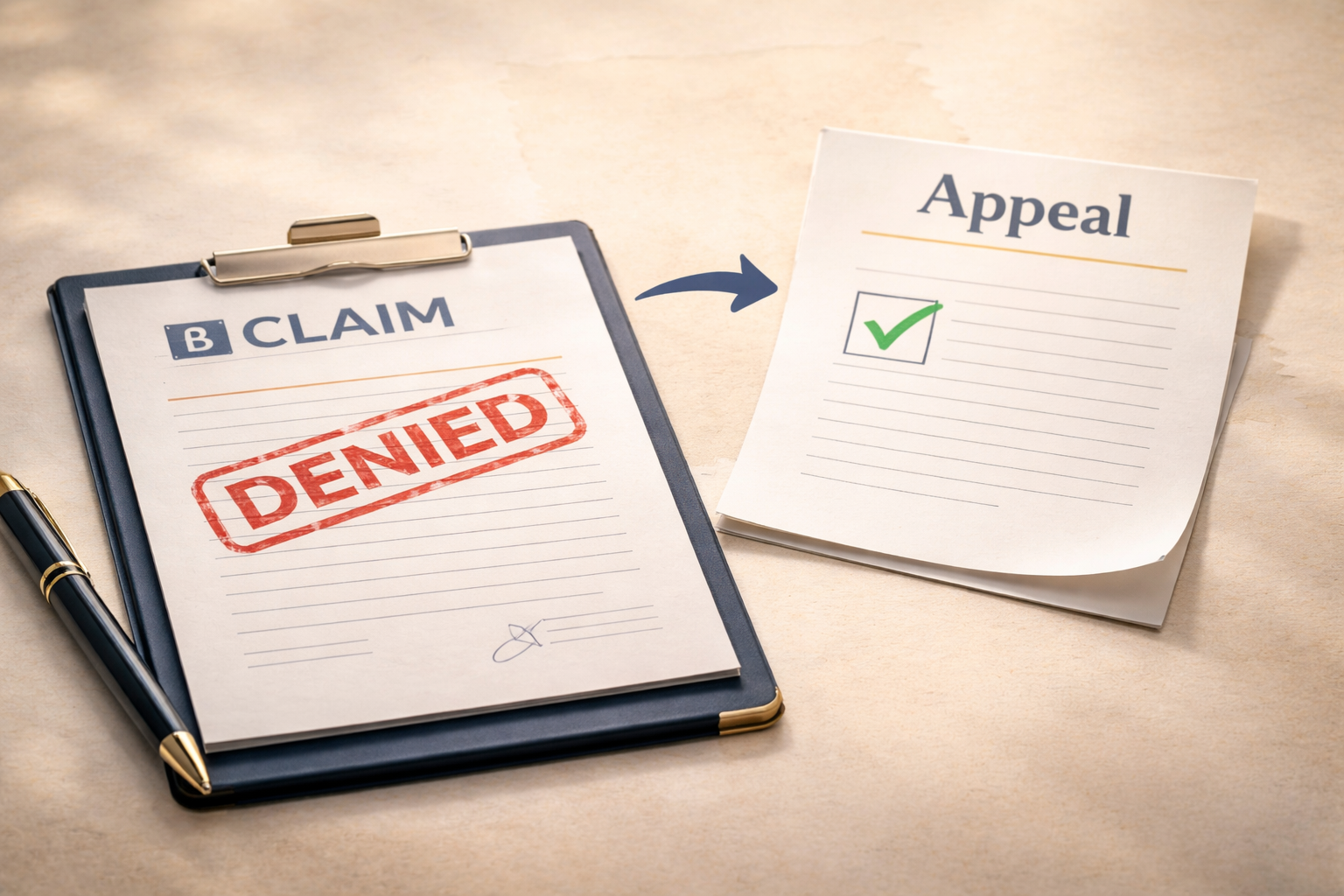 louisiana-workers-comp-claim-denied-appeal-featured-16×9 Semi-realistic illustration of a workers’ comp claim form stamped “Denied” beside an “Appeal” document on a textured background with a faint Louisiana outline.