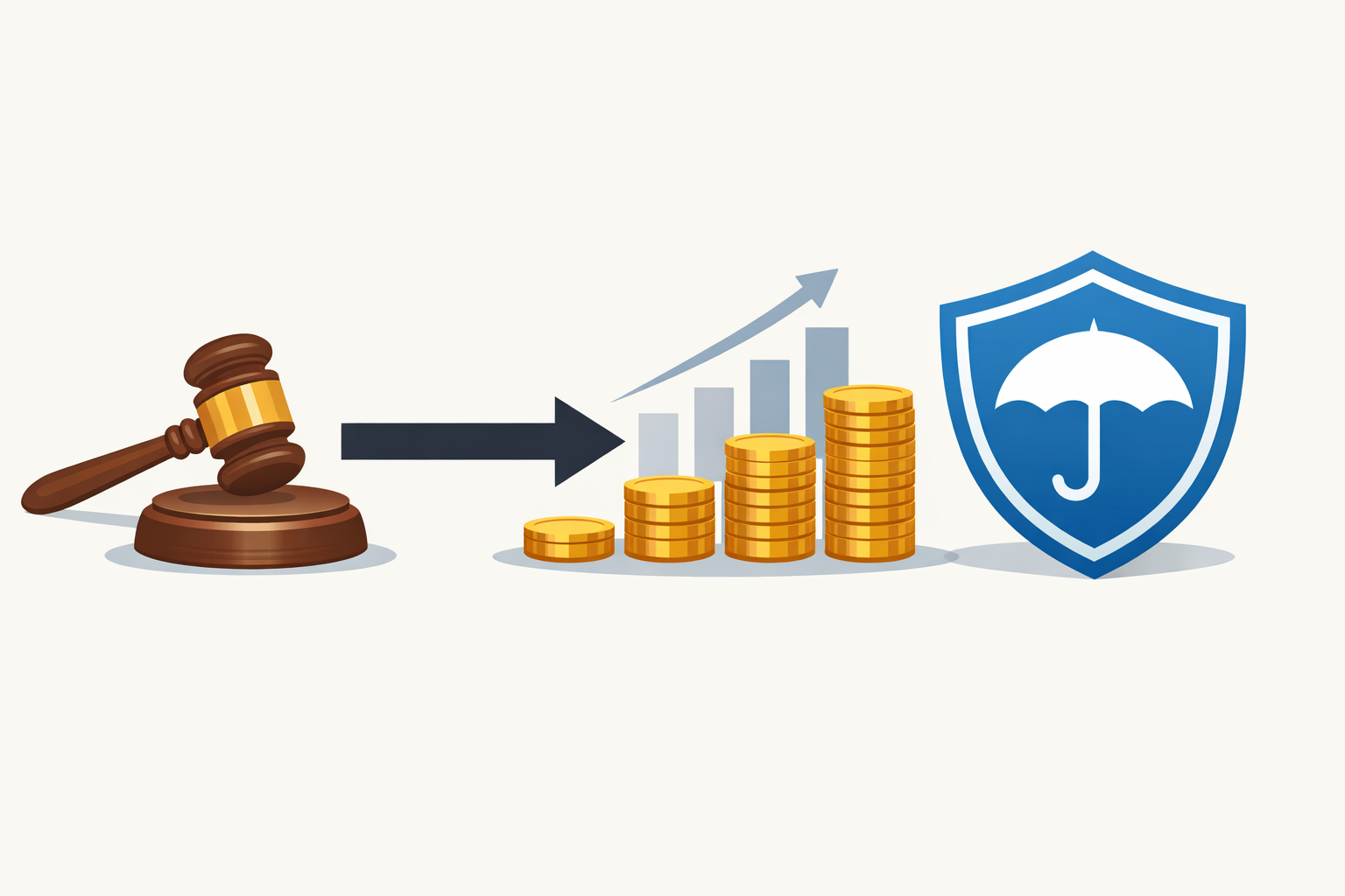 trial-experience-insurance-settlement-featured-16×9 Minimal illustration of a courtroom gavel pointing via an arrow to rising stacks of coins with an upward bar chart, beside an insurance shield icon.