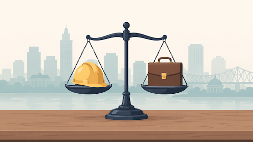 Clean graphic of scales of justice balancing a hard hat and briefcase against a muted Baton Rouge skyline.