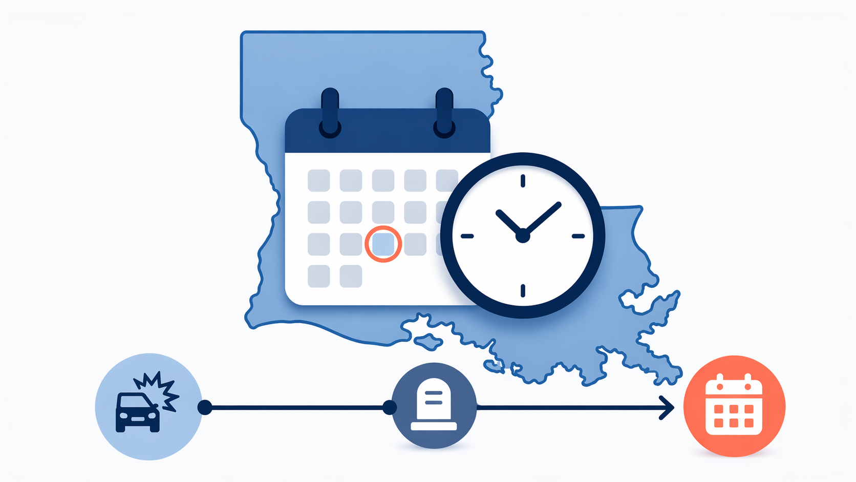 Louisiana state outline overlaid with a calendar and analog clock, with a bottom timeline showing injury, death, and deadline icons.