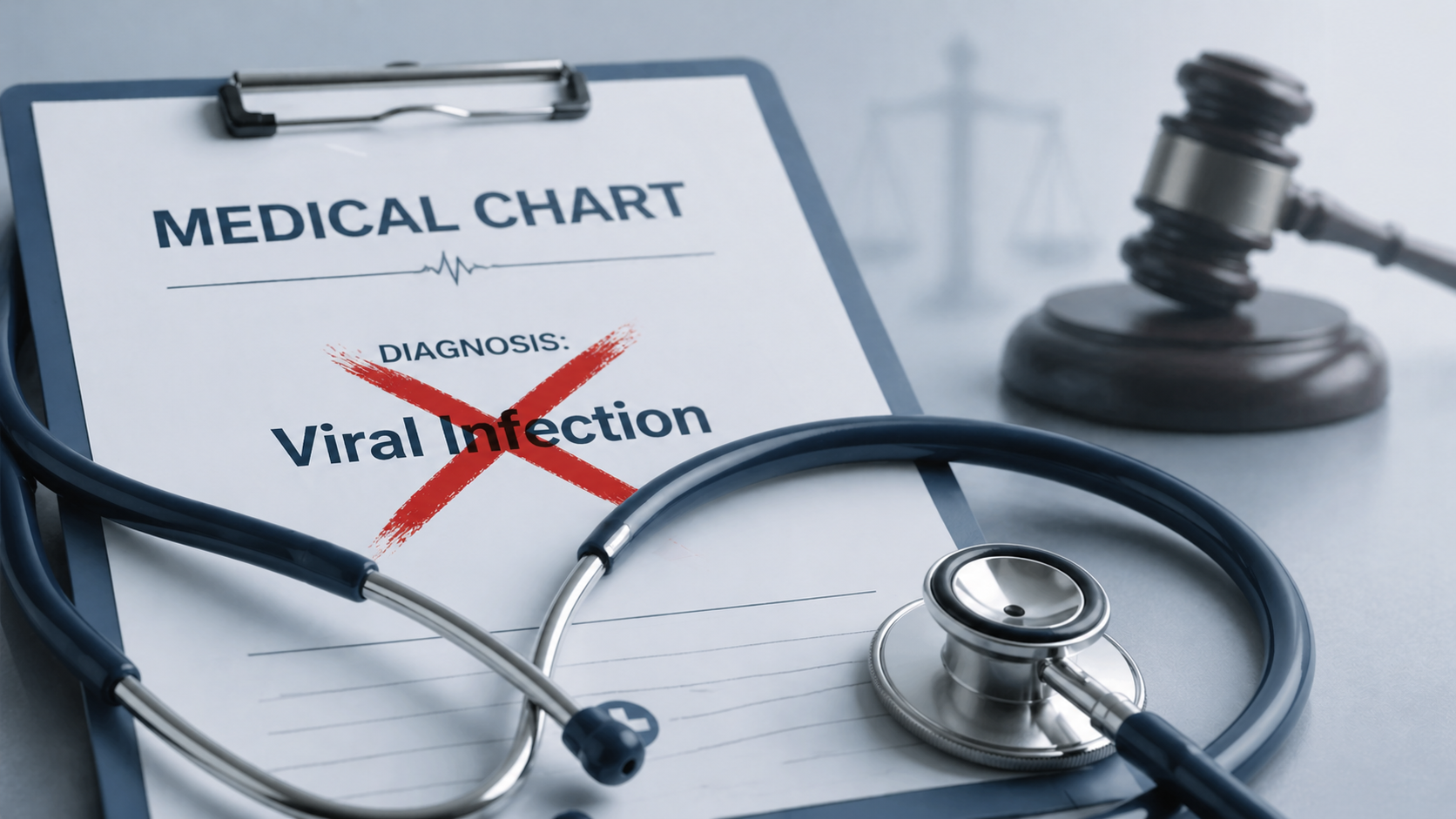 A close-up of a medical chart with a prominent red "X" marking a misdiagnosis, featuring a stethoscope across the chart. In the blurred background, a judge's gavel and faint scales of justice subtly hint at the legal aspect of medical malpractice. The image is designed with a professional, clean, and minimalistic aesthetic in soft blues and grays.