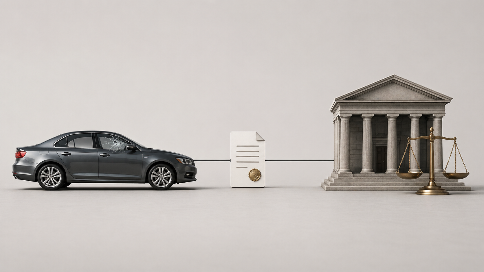 Realistic minimalist scene showing a car with a cracked windshield connected by a line to a document, leading to a courthouse with scales of justice on a neutral background.