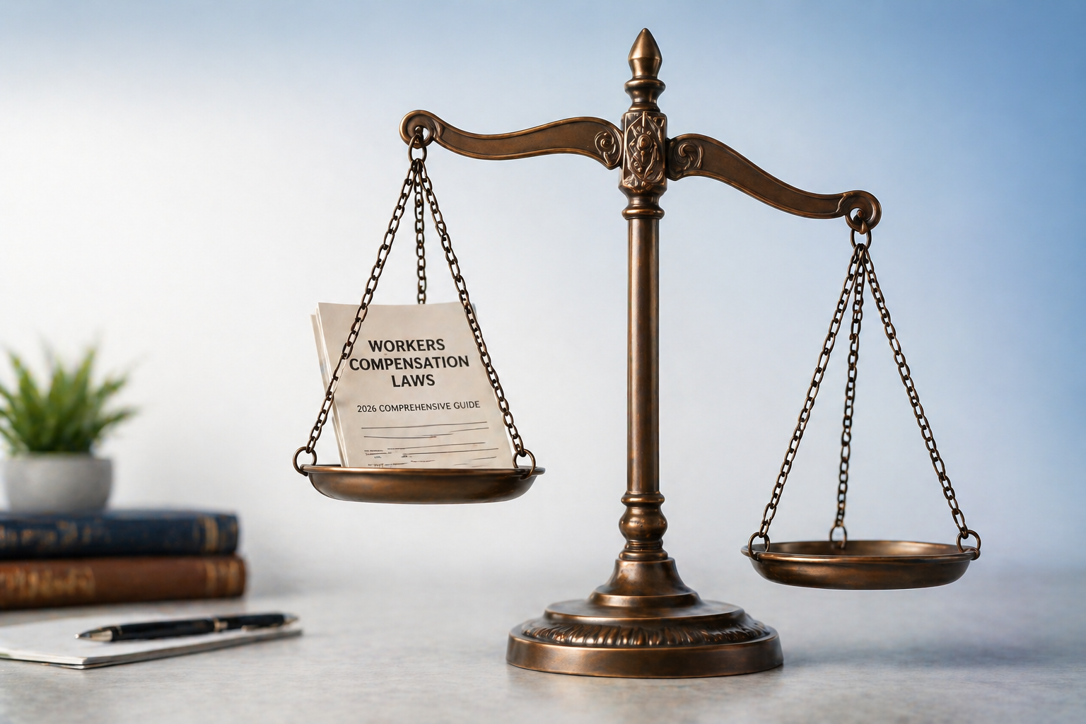 A minimalist, professional office scene featuring a bronze scales of justice with a document titled 'WORKERS COMPENSATION LAWS 2026 COMPREHENSIVE GUIDE' in one pan, slightly raising it above the empty pan on the other side. The background consists of a soft blue-to-white gradient, creating a calm and professional atmosphere. Subtle details like a plant, books, and a pen add to the workspace ambiance.