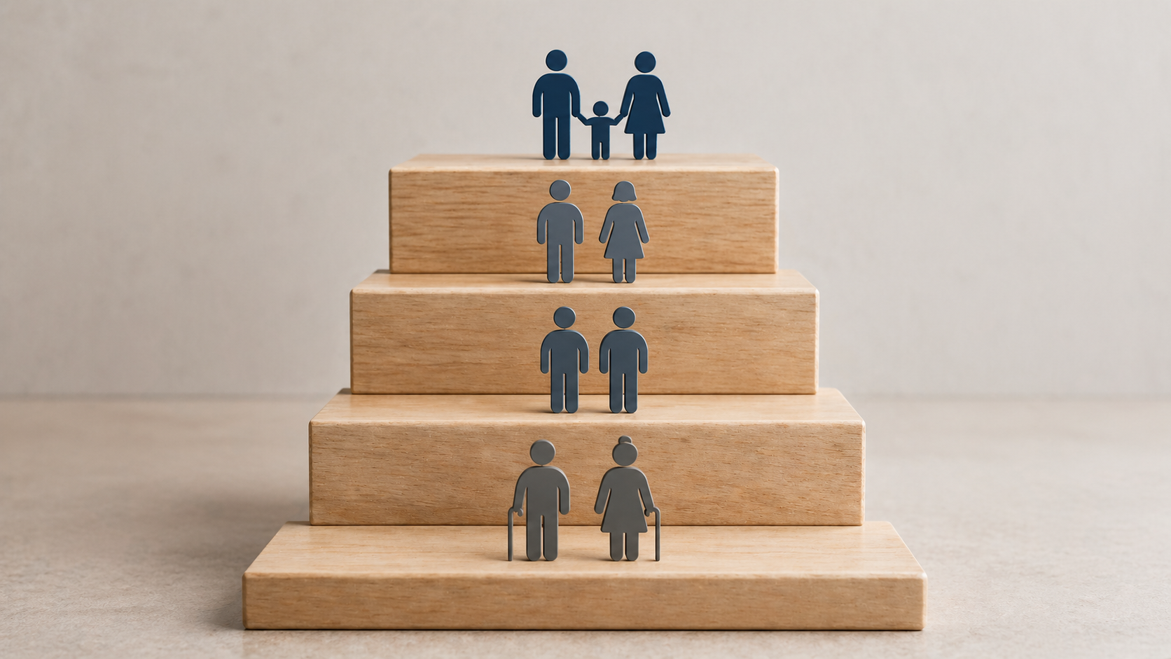 A realistic minimalist scene showing a four-step wooden staircase with small human silhouette figures representing life stages, from elderly adults at the bottom to parents with a child at the top, arranged on a neutral background.