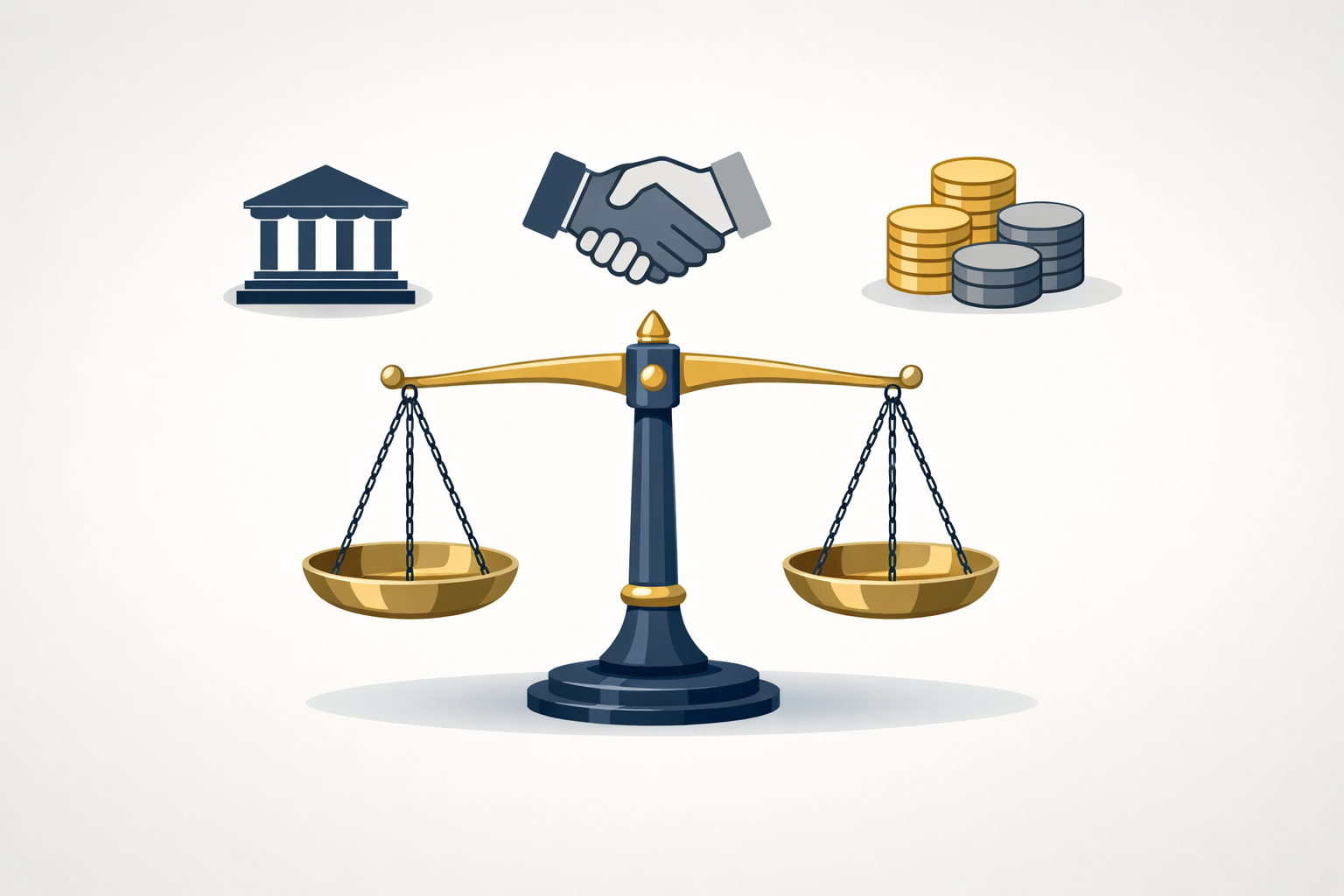 Balanced scale of justice with courthouse, handshake, and coin stack icons on a light background.