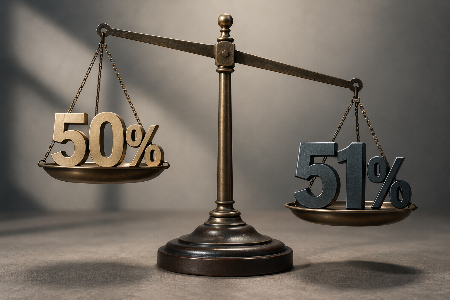 Realistic brass balance scale tipped toward a “51%” weight, with “50%” on the higher pan against a neutral studio background.