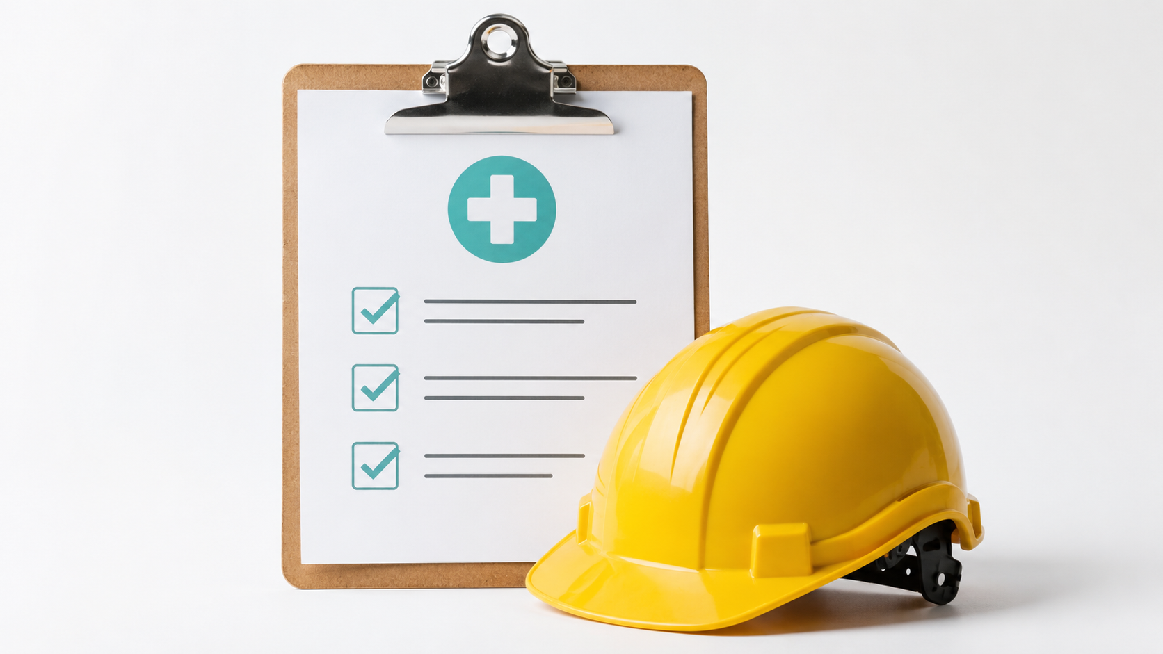 Realistic yellow hard hat beside a clipboard with a medical cross icon and checklist on a clean light background.