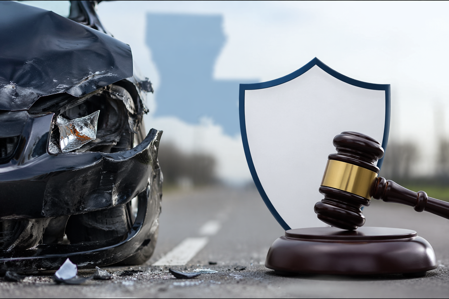 Crumpled car front on a road beside a judge’s gavel and shield icon, with a faint Louisiana silhouette in the background.