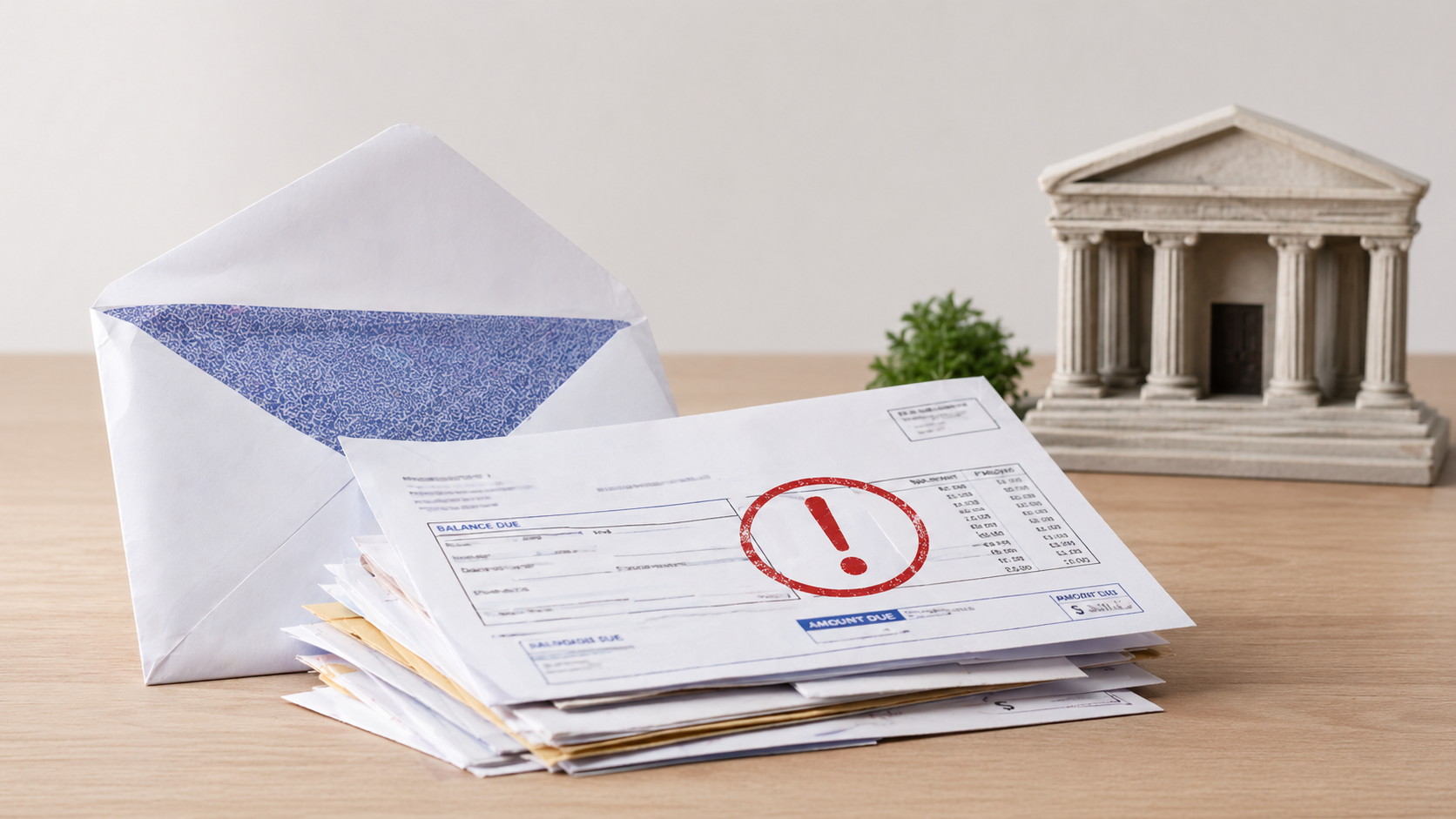 Realistic scene of an open envelope and a stack of overdue bills with a red warning symbol on top, set on a desk with a small courthouse model in the background.