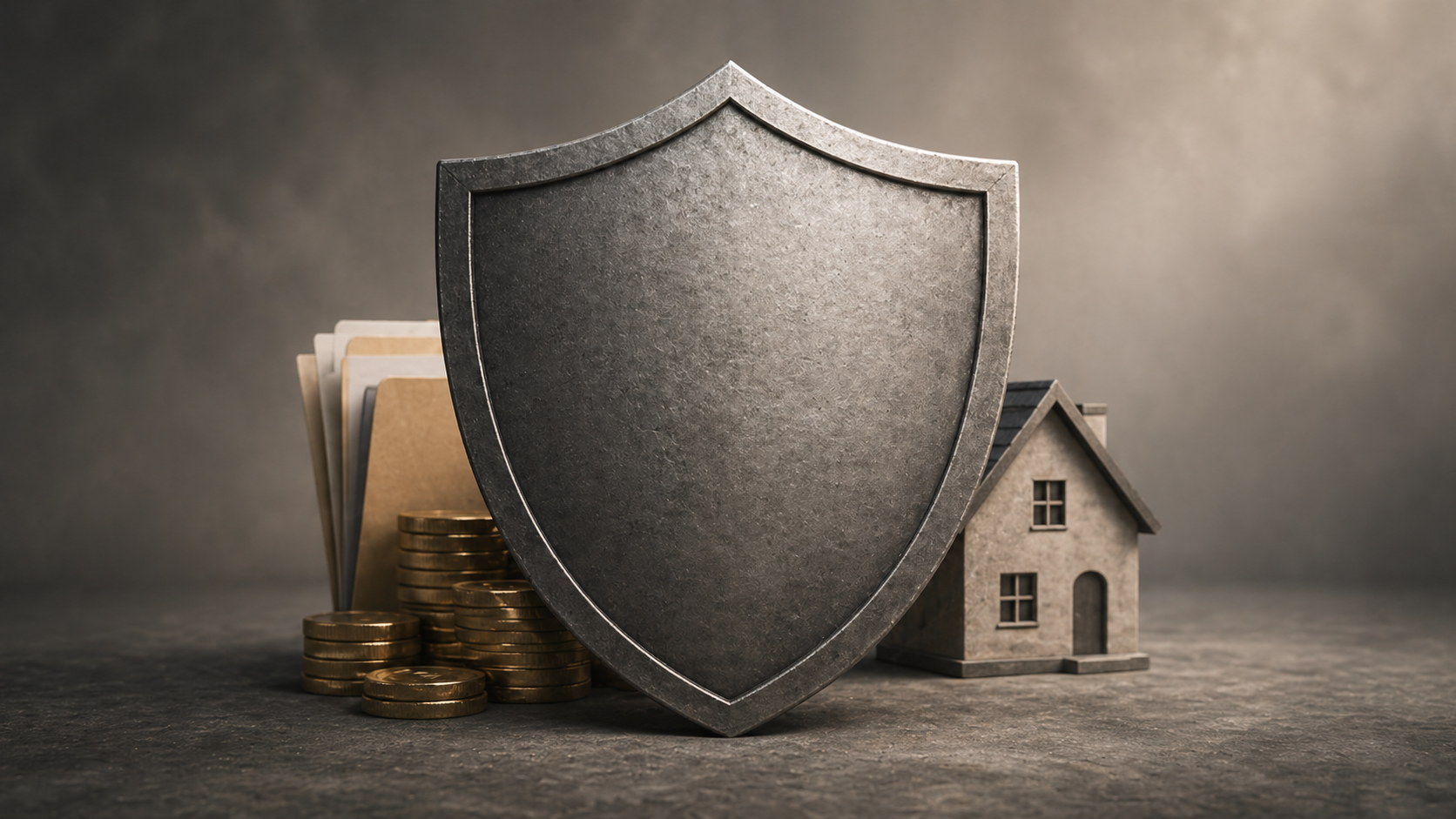 "A large, unbroken metallic shield standing upright in the foreground with stacks of gold coins, document folders, and a small model house behind it. The shield symbolizes protection, security, and finance. The image has a neutral, softly lit background, creating a calm and professional atmosphere."