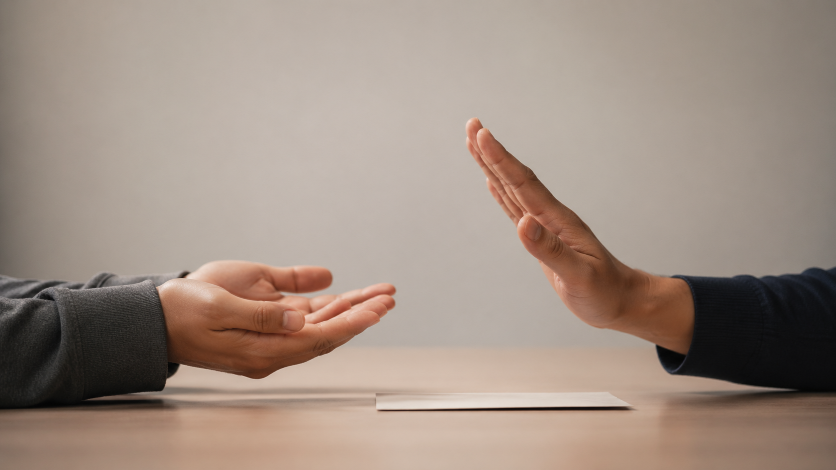 A minimalist indoor scene featuring two hands positioned against a neutral background. One hand is reaching out, while the other is slightly pulled back, as if in a gesture of request or waiting. A single sheet of paper rests on the smooth surface between them, conveying a sense of expectation. The image has a calm, soft lighting tone, focusing on simplicity and the subtle interaction.