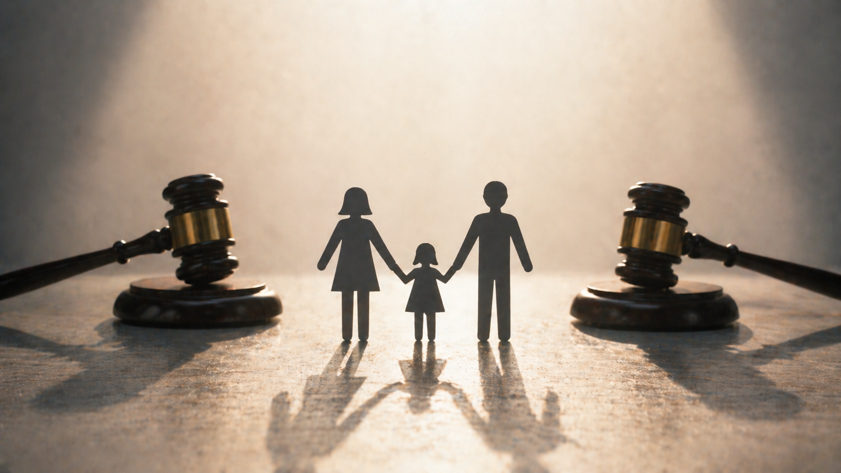 A minimalist scene symbolizing a family caught in the tension of a custody battle. A paper-cutout family of two adults and a child holds hands between two large gavels, symbolizing legal proceedings. The soft, warm backlighting and high contrast with elongated shadows create a somber, reflective atmosphere, emphasizing the emotional weight of the situation.
