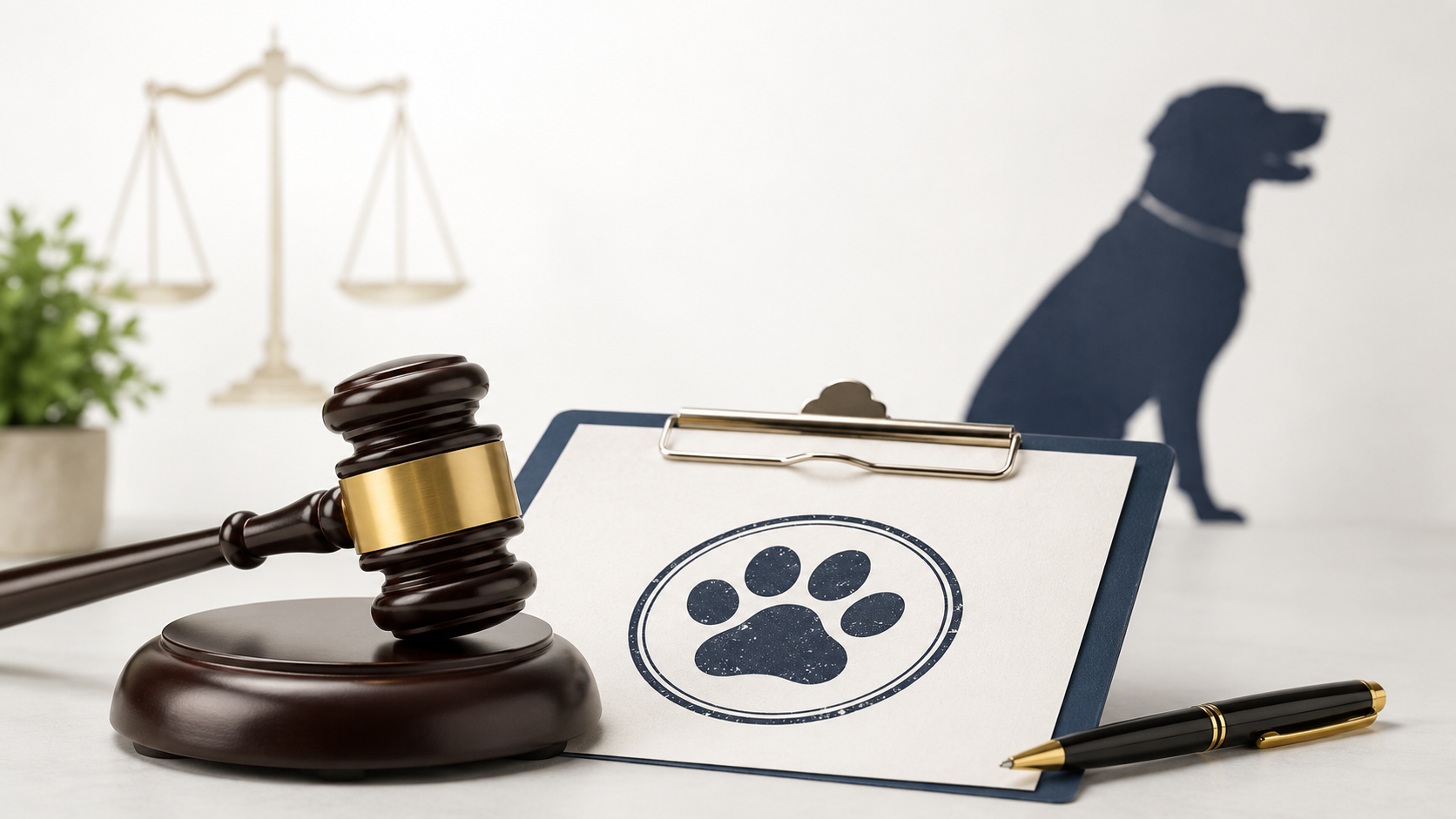 Gavel beside a clipboard with a paw print symbol, with a blurred dog silhouette in the background.