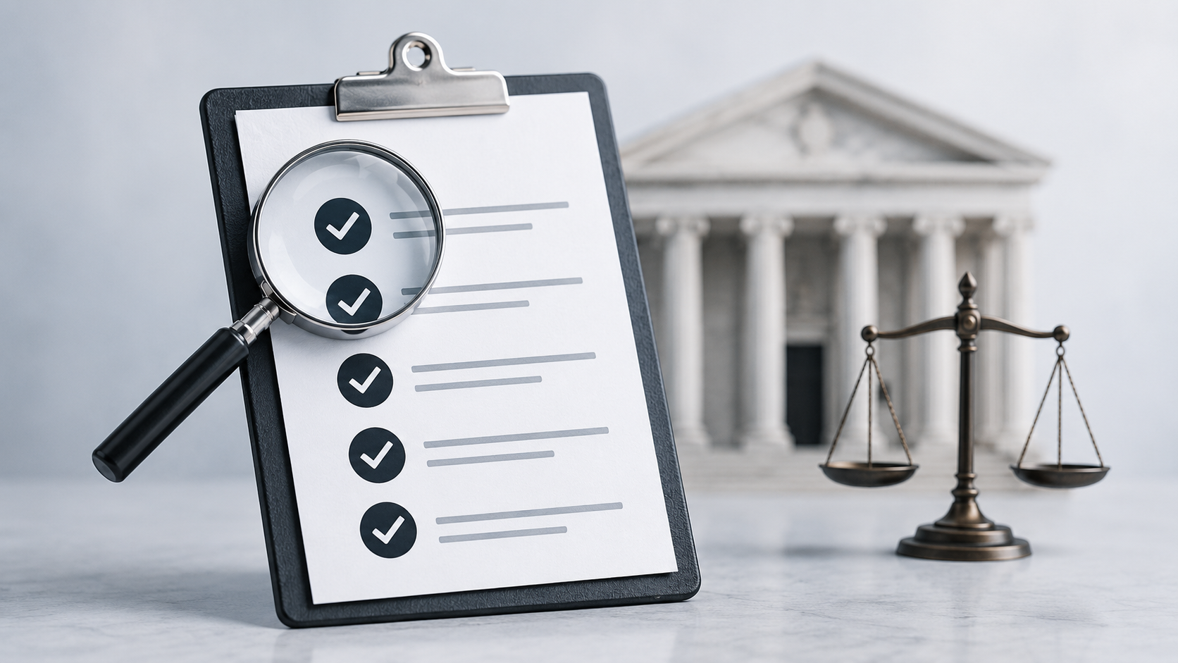 Realistic clipboard checklist under a magnifying glass with courthouse columns and balance scales in the background.