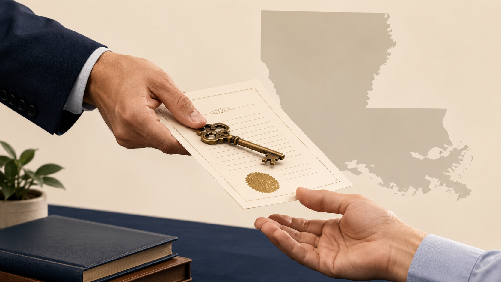Person handing a legal document and key to another person with a Louisiana map in the background.