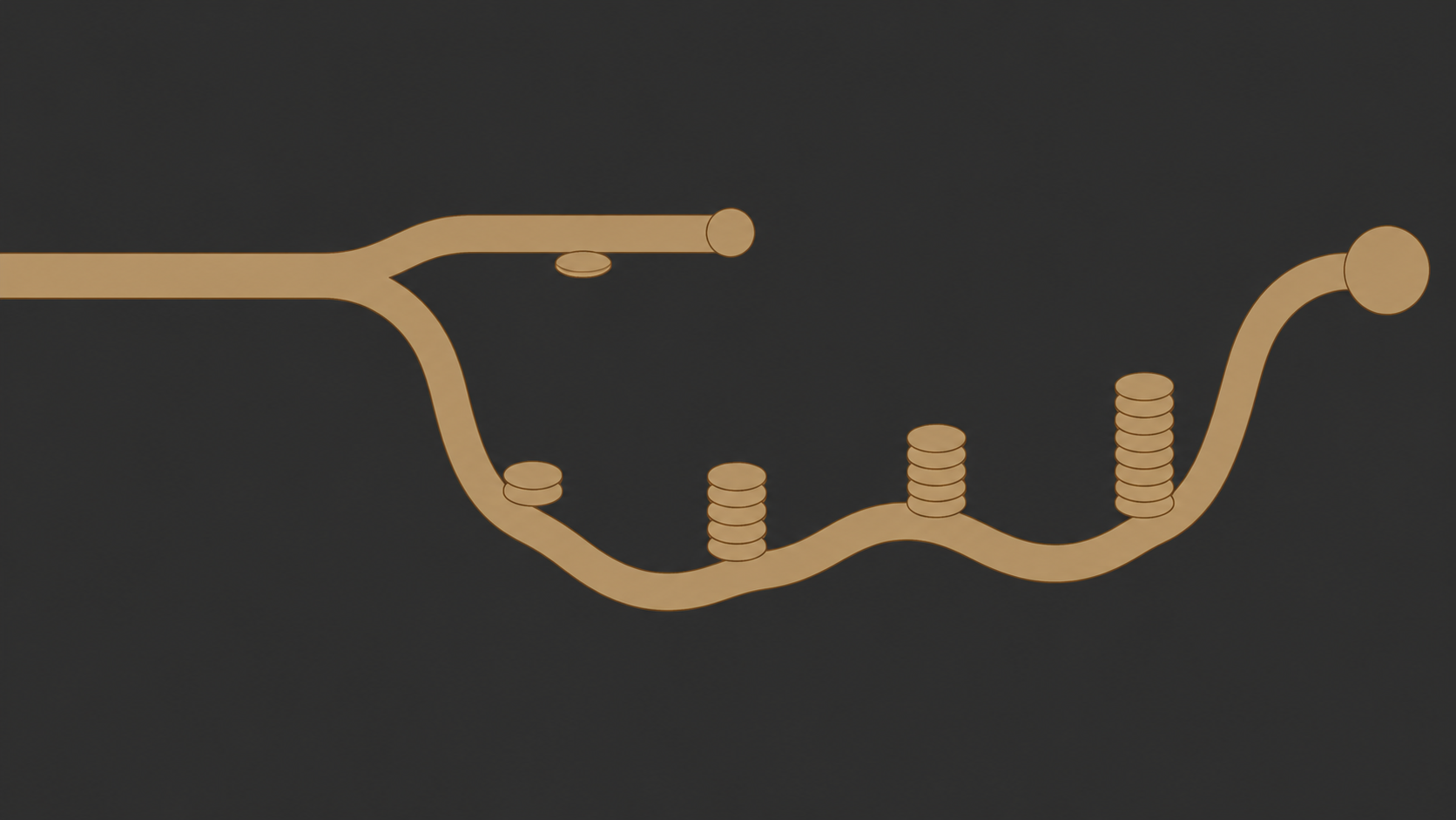 Abstract illustration of a golden path with stacks of coins at different points, set against a dark charcoal background.