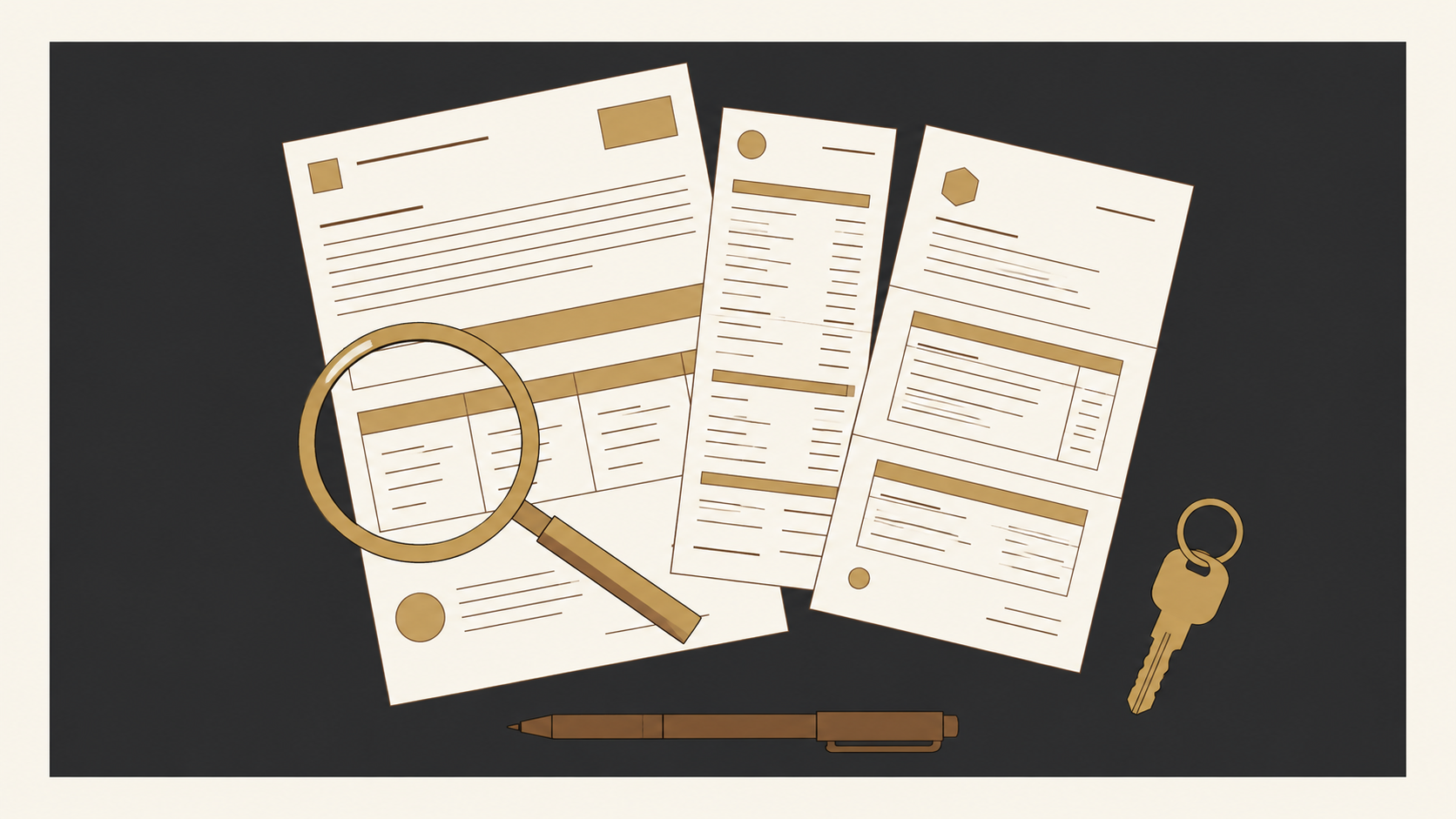 Illustration of several legal documents with a magnifying glass, a pen, and a key on a dark background