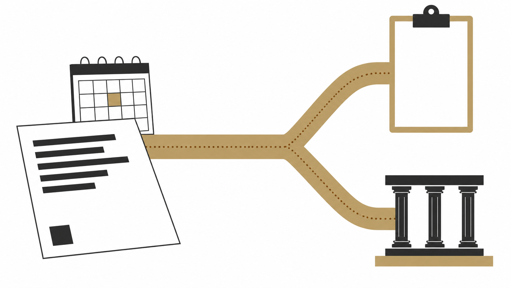 Illustration of a document and calendar leading to a decision tree that branches toward a clipboard and a courthouse, representing the process of appealing a denied workers’ compensation claim.