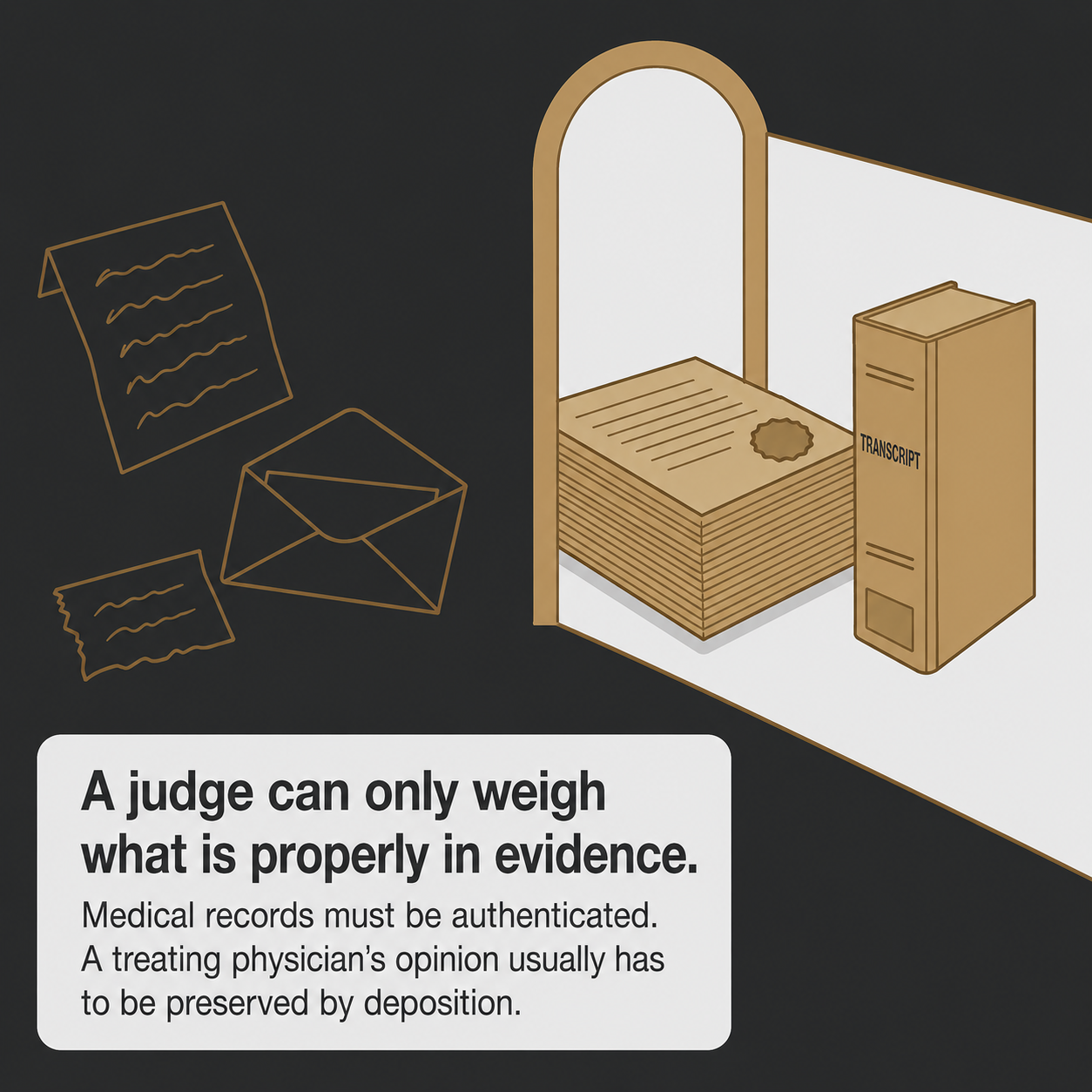 Illustration of certified records and a deposition transcript passing through a narrow gate while loose notes stay outside
