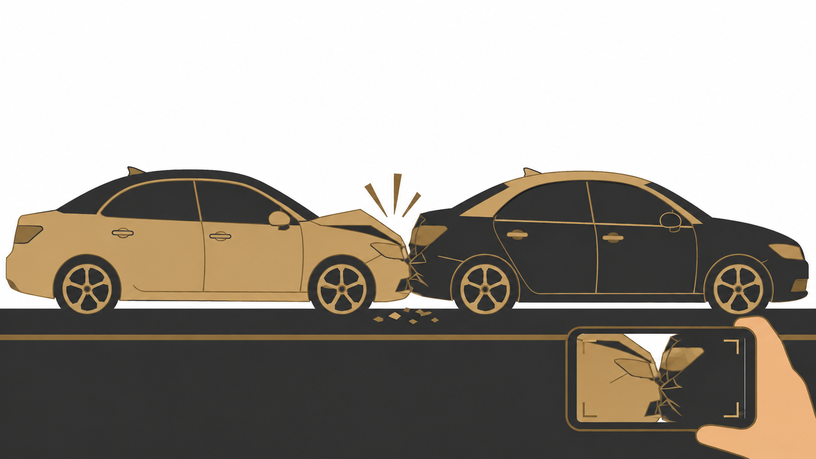 Illustration of two cars involved in a rear-end collision, with a person photographing the damage using a smartphone.