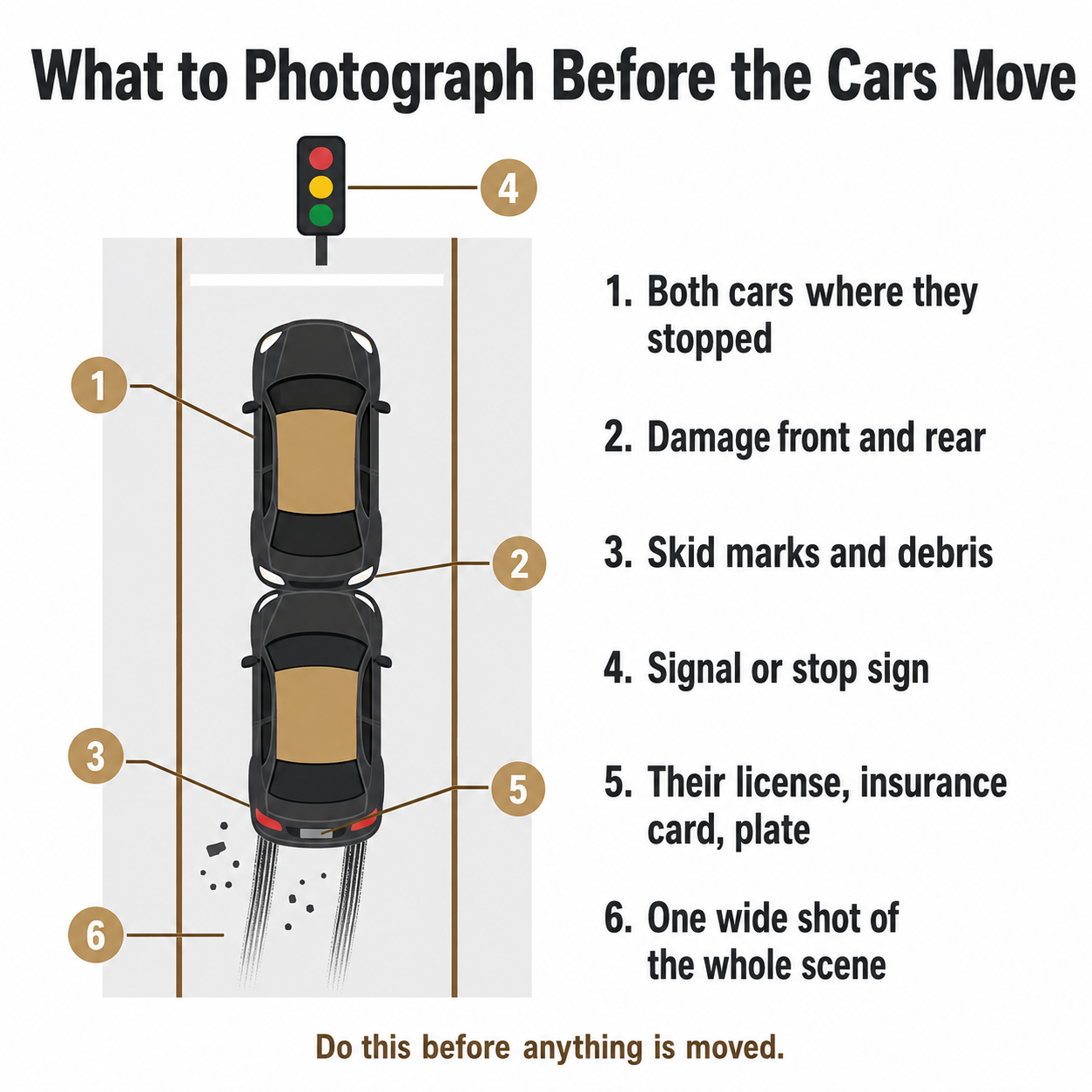 Overhead diagram of two cars after a rear-end crash with six numbered markers showing what to photograph