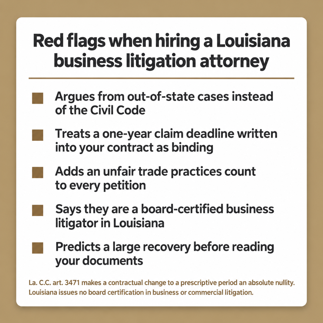 Card listing five warning signs to watch for when hiring a Louisiana business litigation attorney
