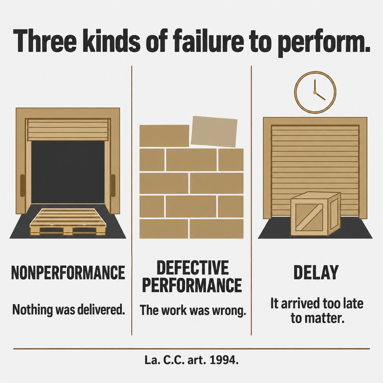 Three-panel illustration of nonperformance, defective performance, and delay under La. C.C. art. 1994
