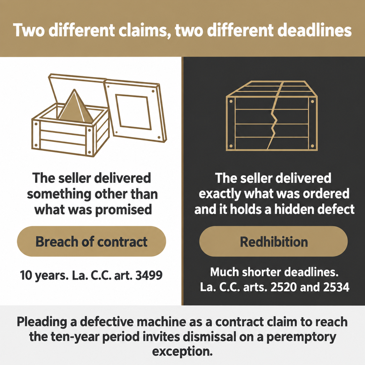 Split graphic contrasting delivery of the wrong item, a breach of contract claim, with a hidden defect, redhibition.