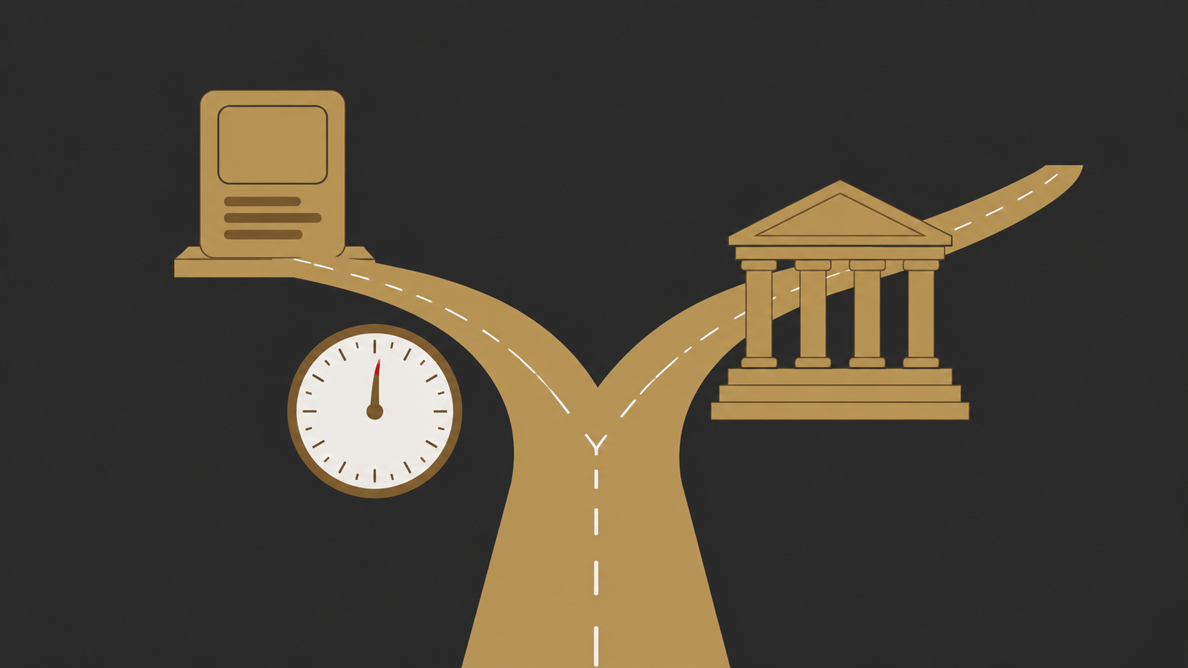 Illustration of a forked road leading toward a document on one side and a courthouse on the other, with a clock in the foreground, symbolizing time-sensitive legal decisions after an arrest.