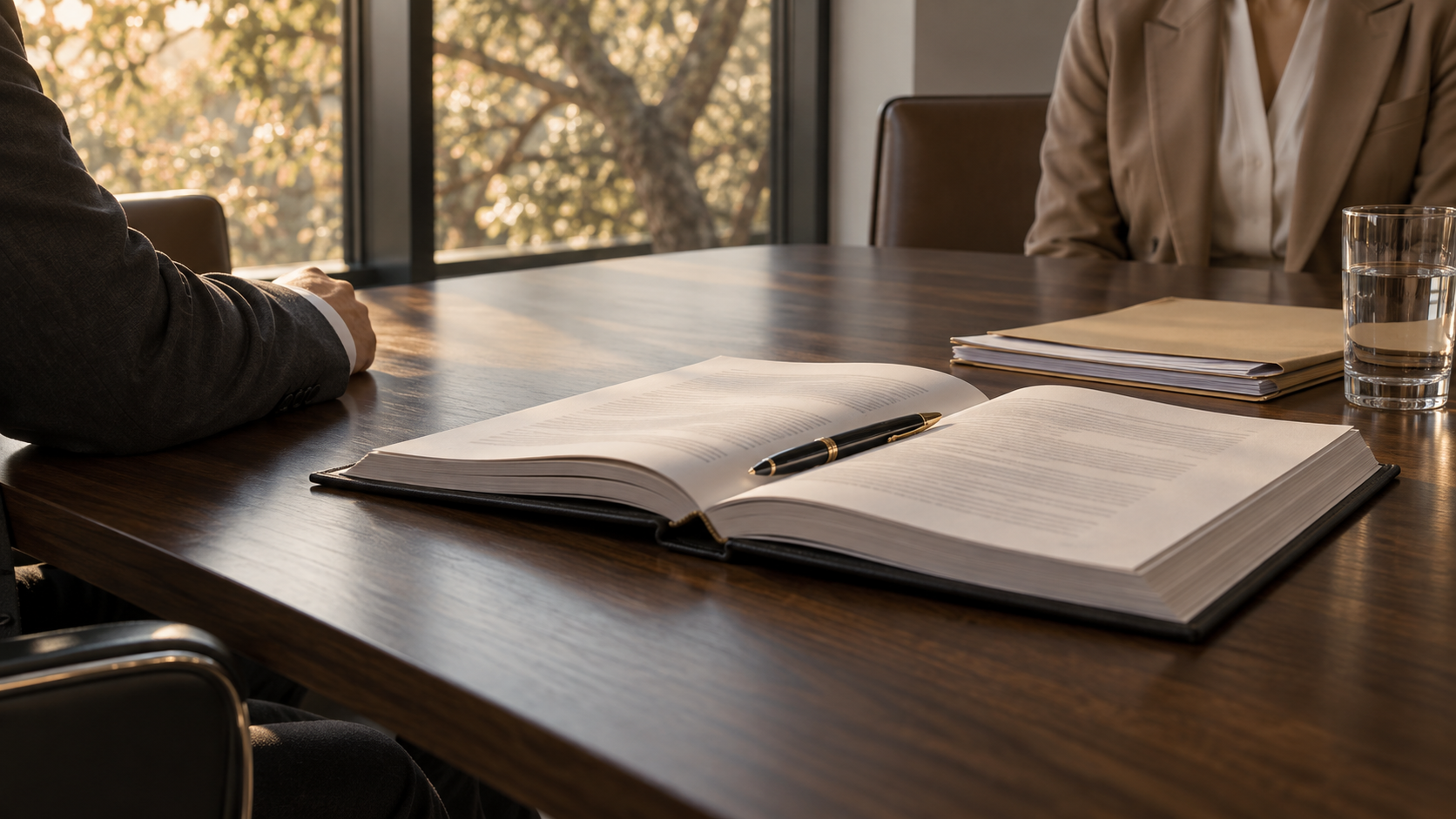 Two people in business attire sit across a wooden conference table with an open book, a pen, and document folders.