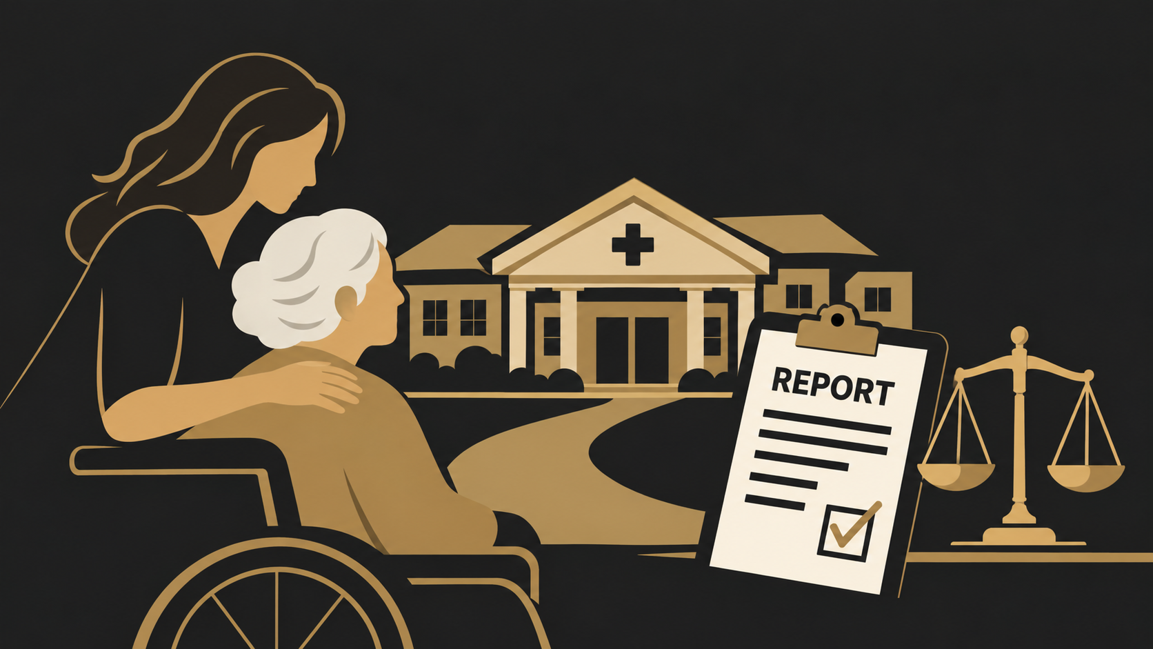 Illustration of an elderly nursing home resident with a caregiver, a care facility, a report form, and scales of justice representing nursing home neglect and abuse claims in Louisiana.