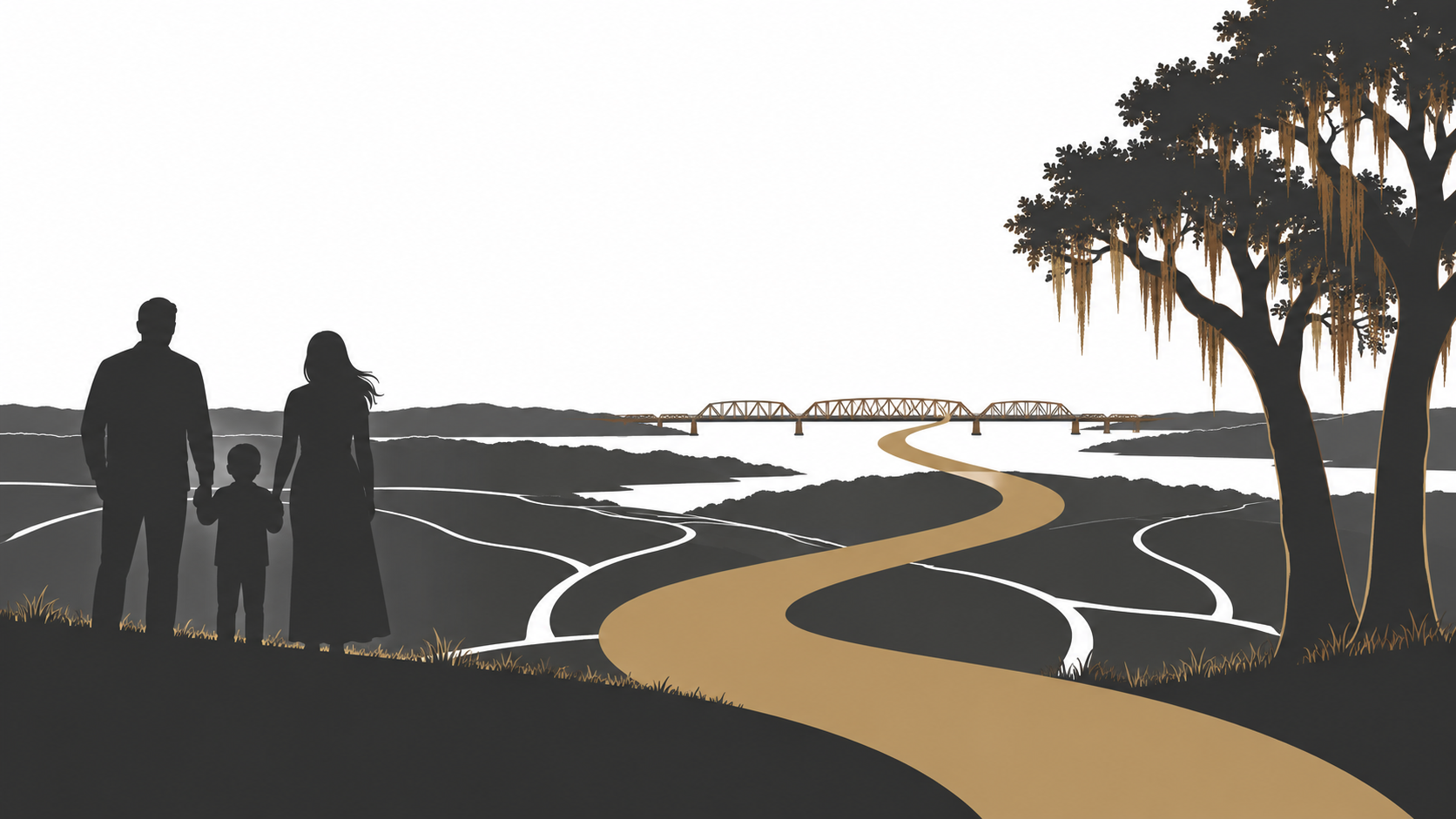 Illustration of a family looking down a winding gold path toward a Mississippi River bridge in Baton Rouge, beside a moss-draped live oak